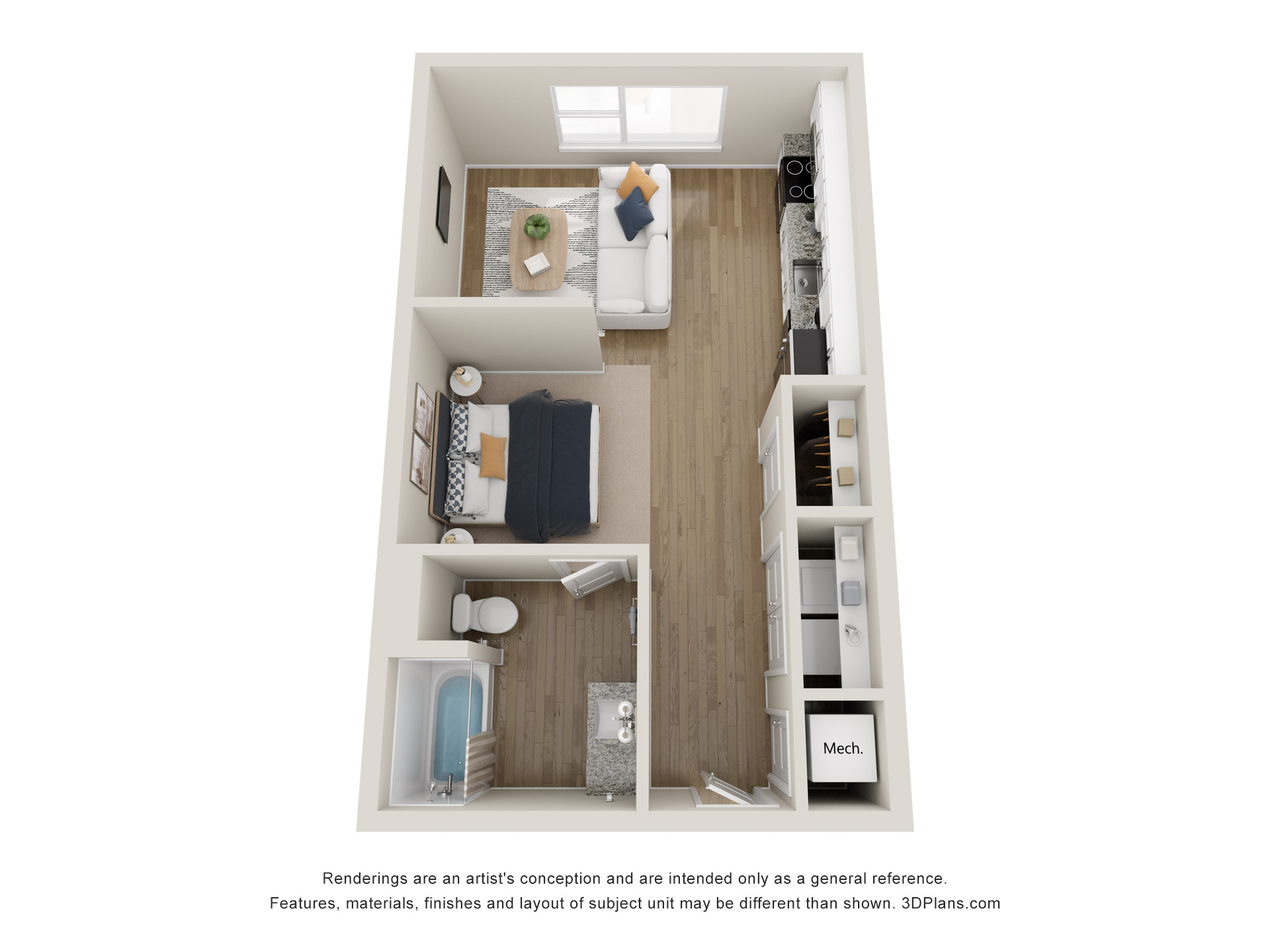 A 3D image of the Studio A – The Lynn floorplan, a 496 squarefoot, 0 bed / 1 bath unit