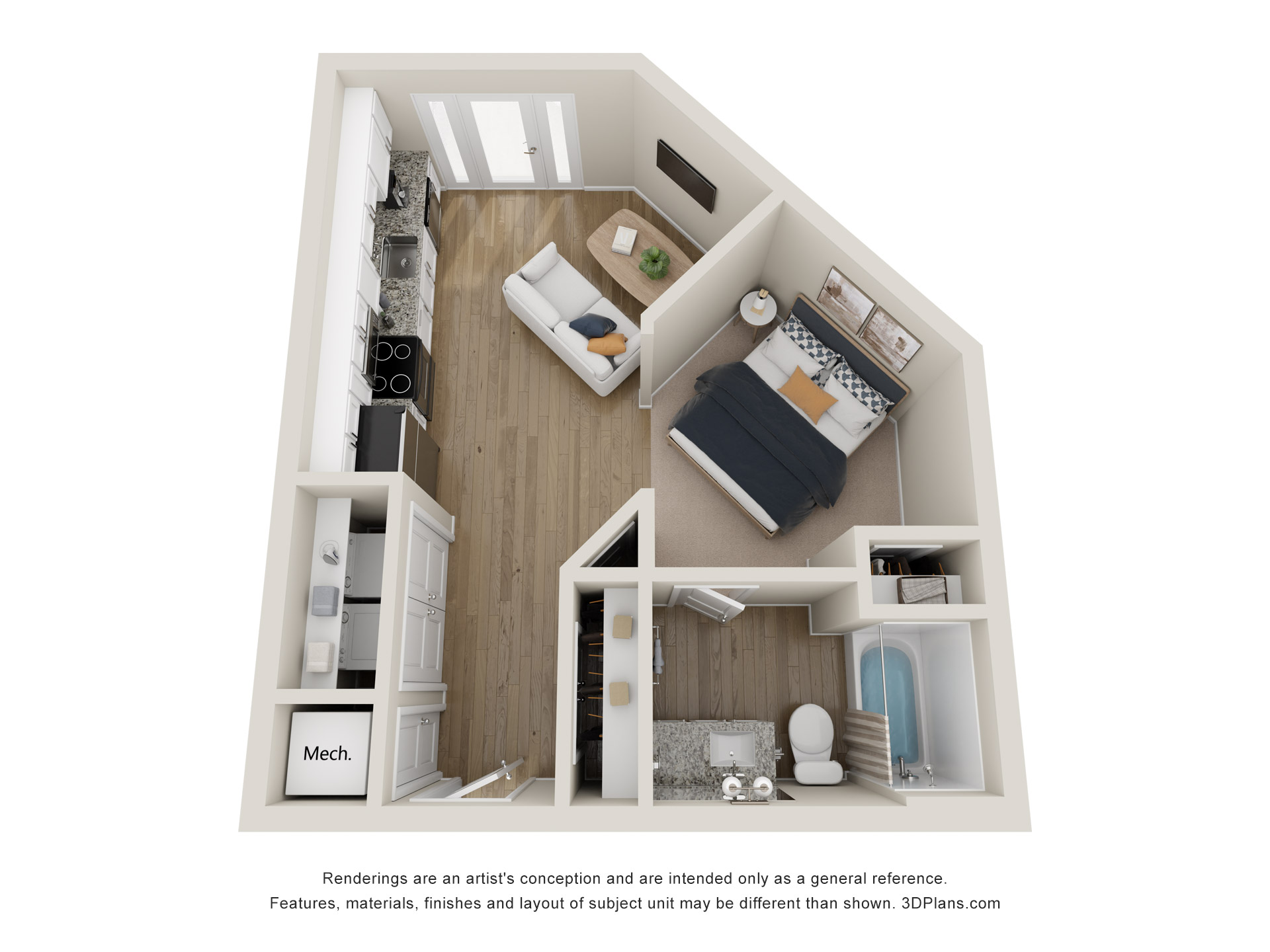 A 3D image of the Studio B – The Cline floorplan, a 496 squarefoot, 0 bed / 1 bath unit