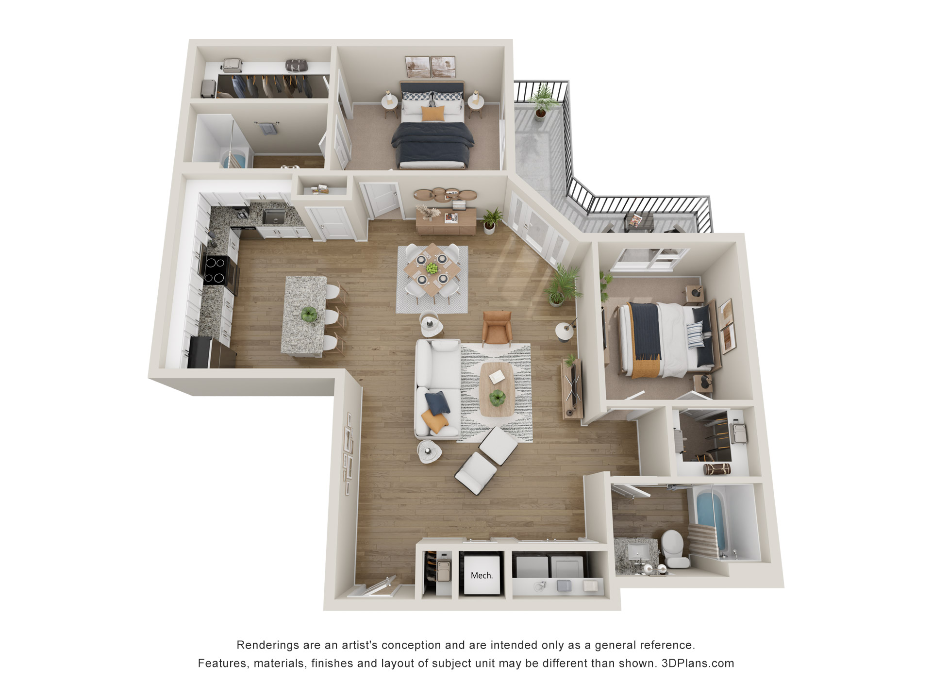 A 3D image of the Unit 2A – The Parton floorplan, a 1237 squarefoot, 2 bed / 2 bath unit