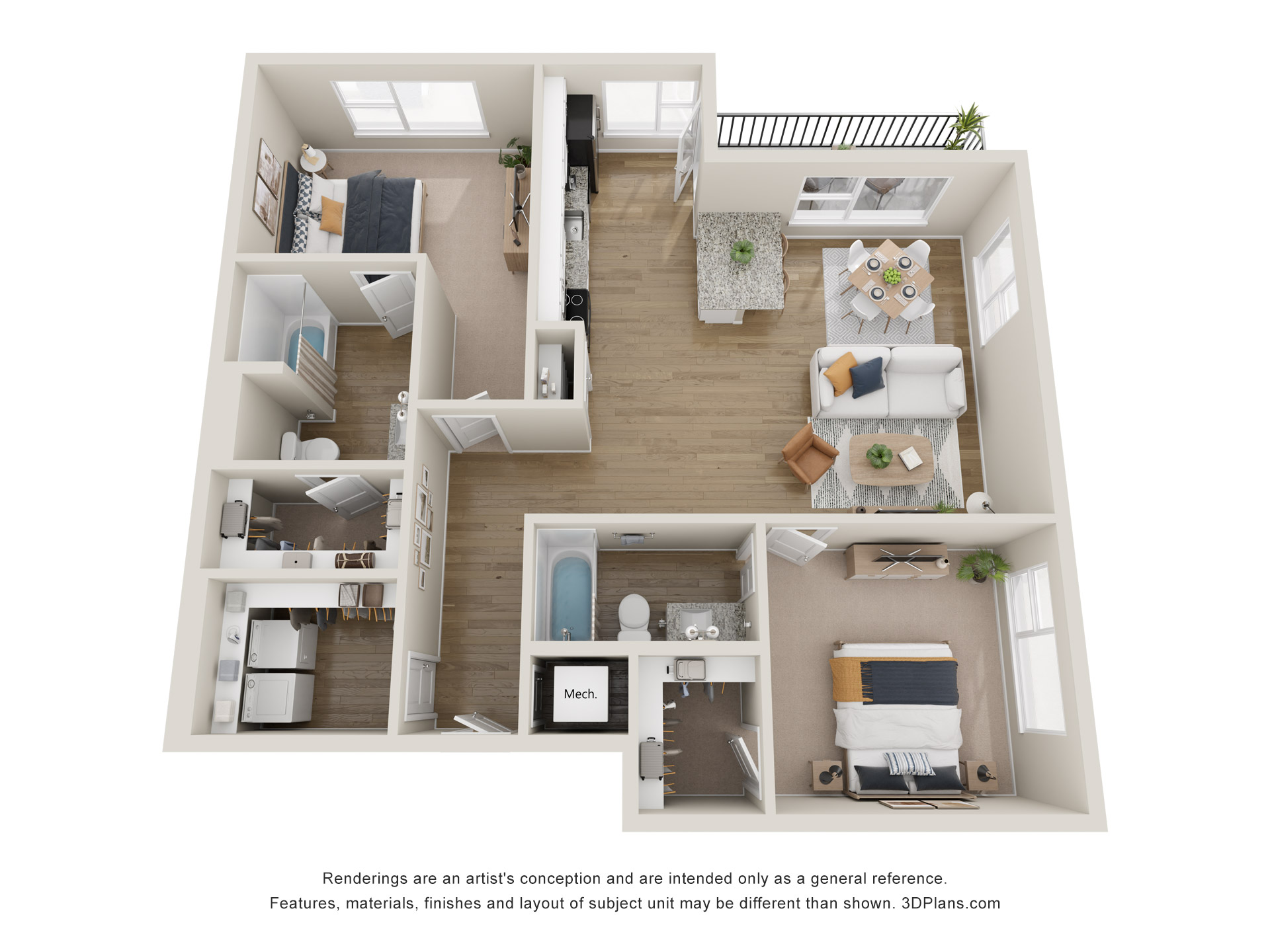 A 3D image of the Unit 2C – The Cash floorplan, a 1237 squarefoot, 2 bed / 2 bath unit